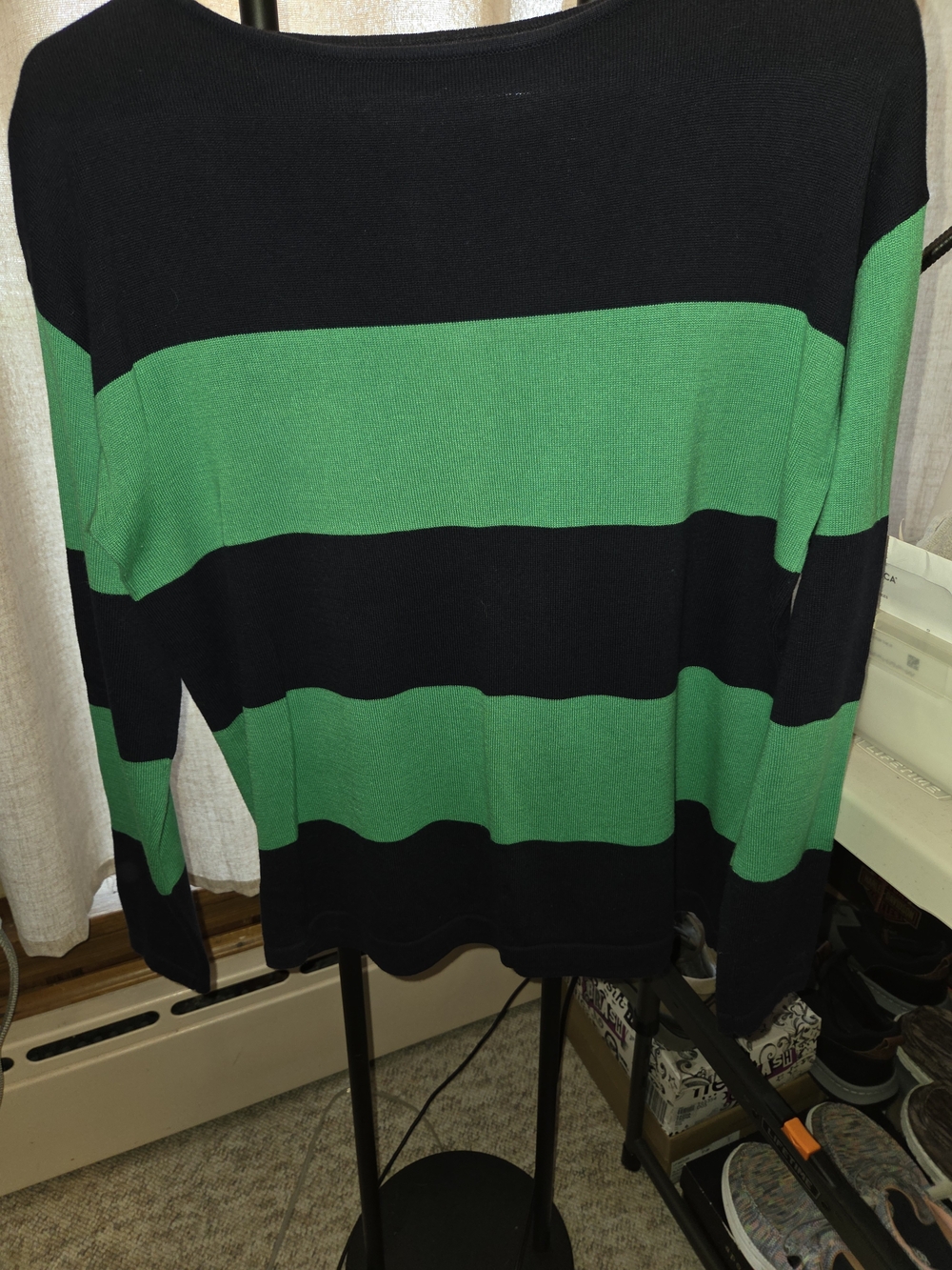Chaps Black and Green Wide-Stripe Crewneck Sweater